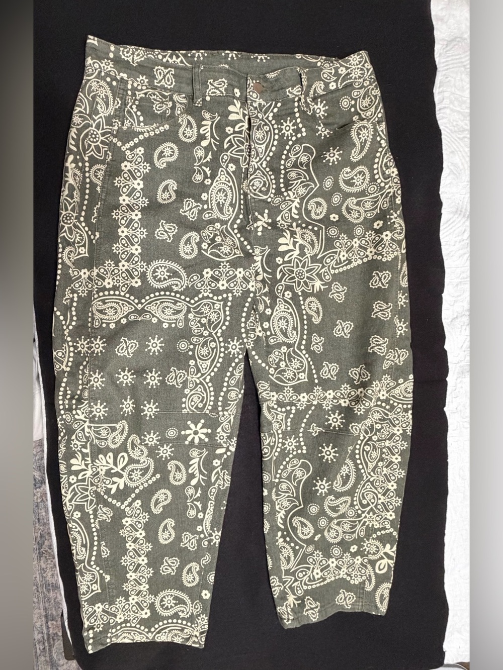 Ladies Olive Green Paisley Print Casual Pants